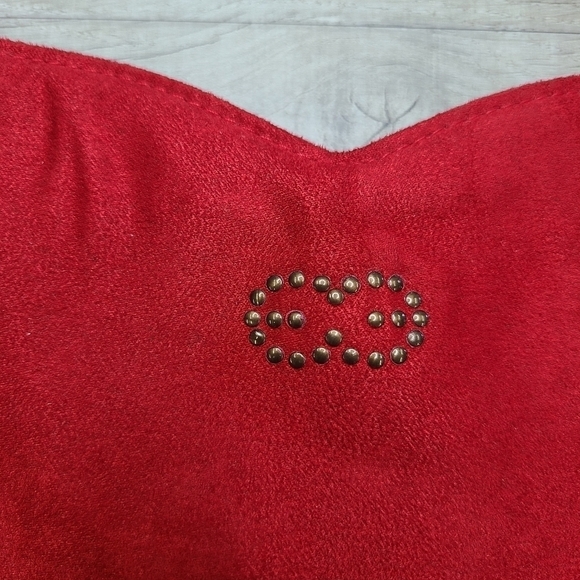 VINTAGE Escada Red Velvet Bronze Logo Sweetheart Knotted Strap Handbag - Picture 2 of 11